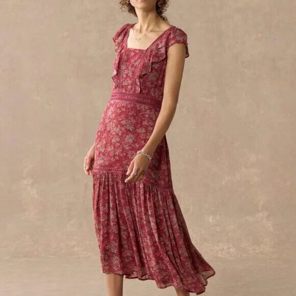Sundance Harvest Floral Tiered Maxi Dress Ruffle Cap Sleeve Chiffon Red - Picture 1 of 16
